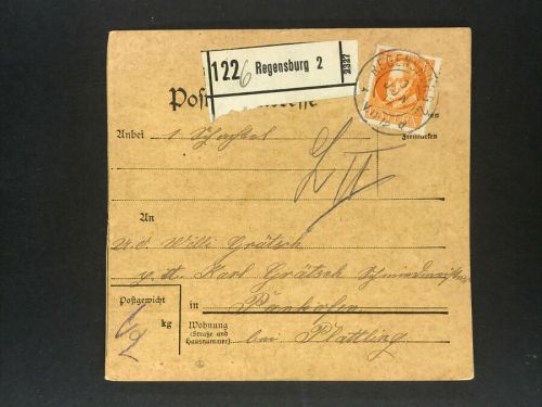 Bayern Einzelfrankatur Paketkarte Mi.Nr. 99 Regenburg n. Pankofen 1916