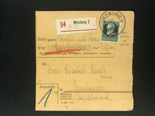 Bayern Einzelfrankatur Paketkarte Mi.Nr. 102 Würzburg n. Egenhausen 1916