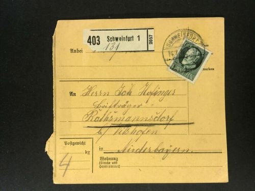 Bayern Einzelfrankatur Paketkarte Mi.Nr. 102 Schweinfurt n. Rathmannsdorf 1916