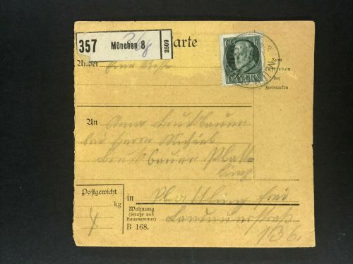 Bayern Einzelfrankatur Paketkarte Mi.Nr. 102 München n. Plattling 1916