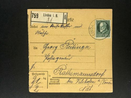 Bayern Einzelfrankatur Paketkarte Mi.Nr. 102 Lindau n. Rathmannsdorf 1916