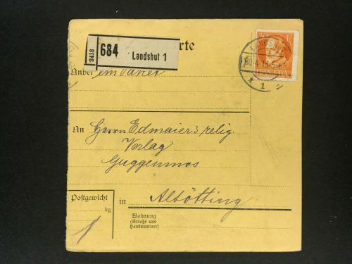 Bayern Einzelfrankatur Paketkarte Mi.Nr. 99 Landshut n. Altötting 1916