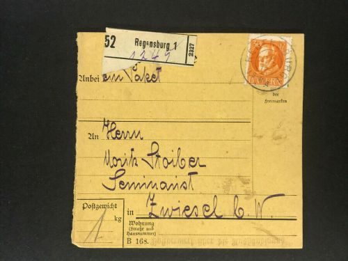 Bayern Einzelfrankatur Paketkarte Mi.Nr. 99 Regensburg n. Zwiesel 1916