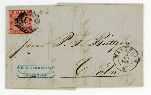 Baden Einzelfrankatur Michel Nr. 12 - Top Brief Mannheim nach Köln 1862
