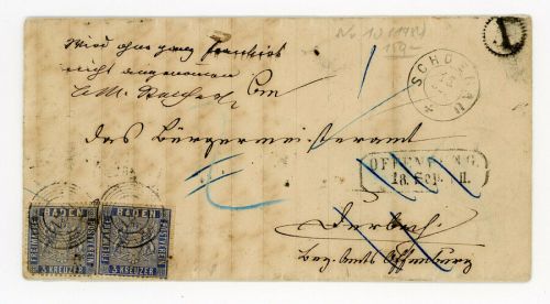 Baden Mehfachfrankatur Michel Nr. 10c Retourbrief Schönau n Durbach /Offenburg