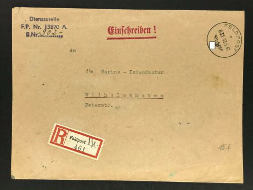 Feldpost Einschreiben 461 Felpost Numer 831 - 3.5.1942 nach Wilhelmshaven