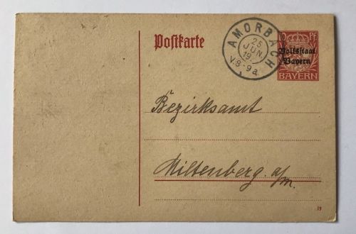 Ganzsache Volksstaat Bayern gelaufen 1919 Amorbach nach Miltenberg