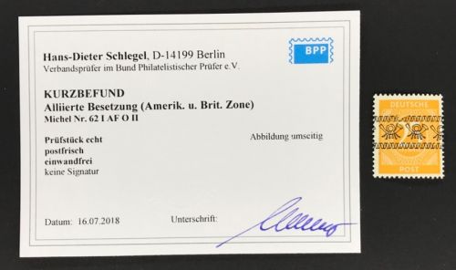 Alliierte Besetzung BiZone Michel Nr. 62 I AF O II geprüft Kurzbefund postfrisch