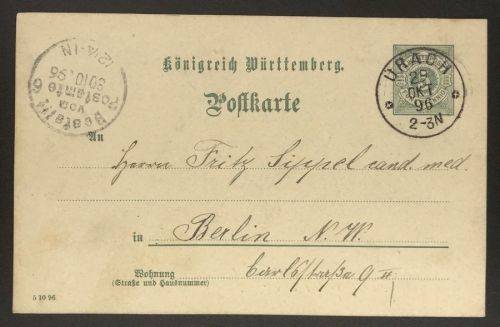 Württemberg Ganzsache - Urach nach Berlin - 1896