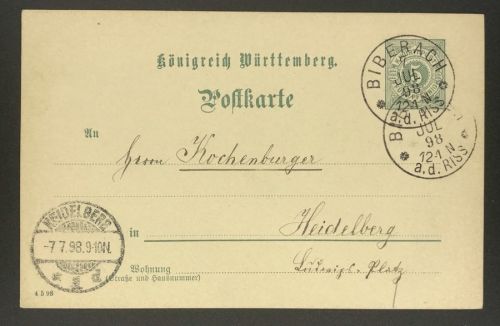 Württemberg Ganzsache - Biberach nach Heidelberg 1898