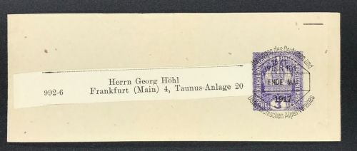 3 Heller Streifband Vorausentwertung Alpen Verein Wien - nach Frankfurt 1917
