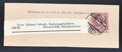 3 Heller Streifband Alpen Verein Wien - nach Biberach 1910