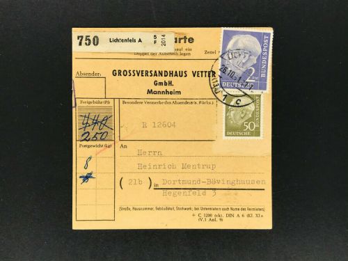 Bund Heuss Mi.Nr. 195 Mischfrankatur Paketkarte Mödlitz über Lichtenfels
