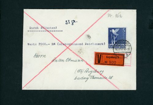 Alliierte Besetzung Michel Nummer 962 Einzelfrankatur Wertbrief Augsburg 1948
