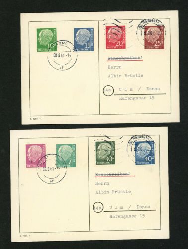 Bund Heuss Lumogen Satzfrankatur auf 2 Postkarten Darmstadt n. Ulm 1961