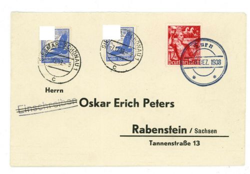 Dt. Reich Mischfrankatur Sudetenland - Turn n. Rabenstein / Siegmar Schönau 1938