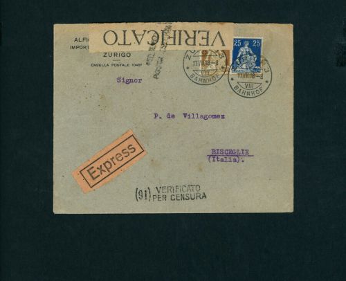 Schweiz Express Mischfrankatur n. Bisceglie Italien Zensurbrief 17.7.1918