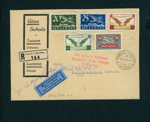 Schweiz Luftpost Mischfrankatur Zürich - Meissen Flughafen Halle 1931