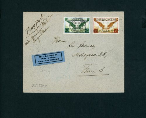 Schweiz Luftpost Mischfrankatur Winterthur - Wien via Strassburg 1936