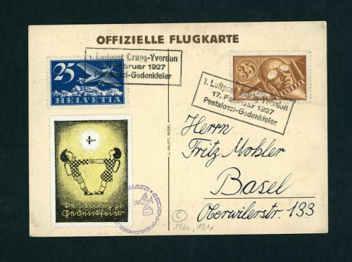 Schweiz Flugpost Karte Pestalozzi nach Basel 1927 Michel Nr. 180+181