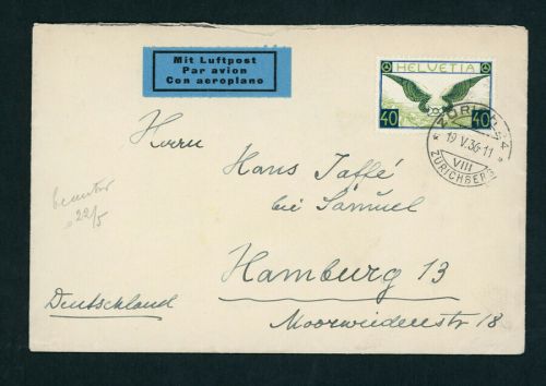 Schweiz Flugpost Beleg 1936 Zürich nach Hamburg