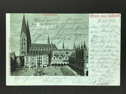Mondscheinkarte Gruss aus Lübeck Marktplatz 1900