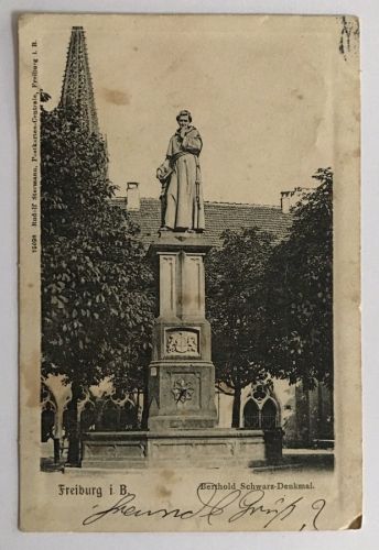 AK Freiburg Berthold Schwarz Denkmal - gelaufen Mühlheim n. Buggingen 22.12.03
