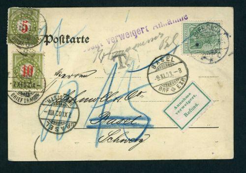 Deutsches Reich Firmen Postkarte Biebrich nach Basel - Annahme verweigert 1903