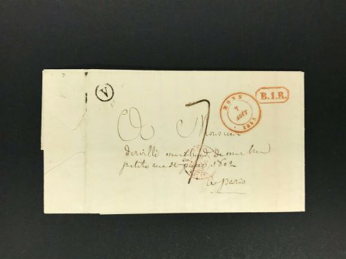 Belgien Vorphilatelie Mons 1849 roter K2 neben B.1.R nach Paris