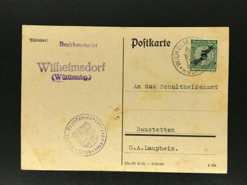 Postkarte Dienstpost Bezirksnotariat Wilhelmsdorf nach Baustetten 1926