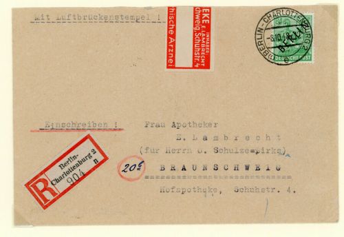 Berlin Einzelfrankatur Schwarzaufdruck Michel Nummer 16 Einschreiben