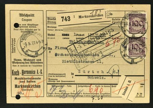 Dt. Reich Mi.Nr. 343 Mischfrankatur Paketkarte Markneukirchen - Zürich 1927