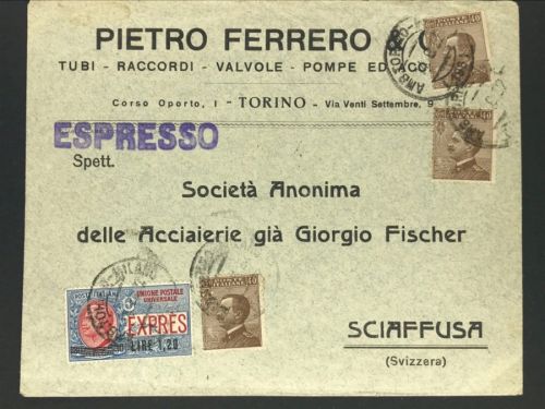 Italien Firmen Eilbrief - Espresso von Torino / Turin nach Schaffhausen - 1922
