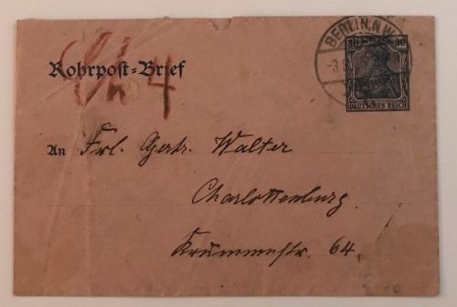 Ganzsache Rohrpost Brief Berlin n. Charlottenburg 1905