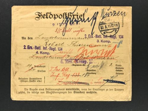 Feldpostbrief Wurzen N. Zwickau + zurück Interessanter Beleg 23.6.1915