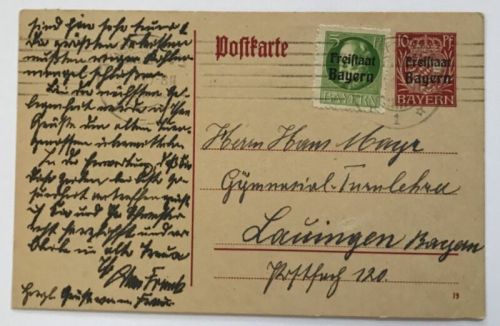 Ganzsache Freistaat Bayern + ZuF 1919 nach Lauingen