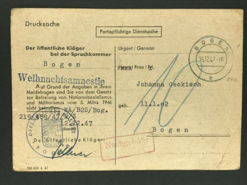 All. Besetzung- Dienstsache Bogen 1947 Mitteilung Weihnachtsamnestie Nachgebühr
