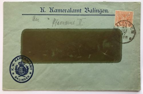 Württemberg Dienstbrief K. Kameralamt Balingen 1917