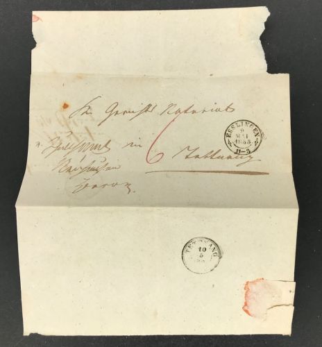 Württemberg Vorphila Briefhülle Esslingen n. Tettnang Doppelverwendung 1855