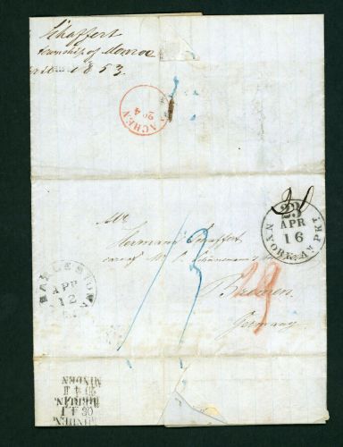 Vorphilatelie Brief USA Charlestown ü. New York , Minden n. Bremen 1853