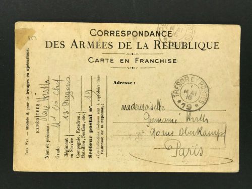 Frankreich Feldpost TRESOR POSTES 19 - 1916 nach Paris