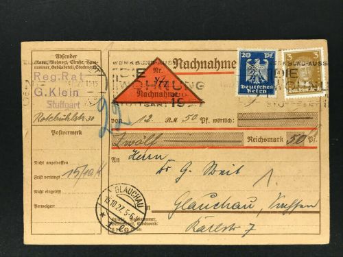 Dt. Reich Nachnahme Karte 1927 Stuttgart nach Glauchau
