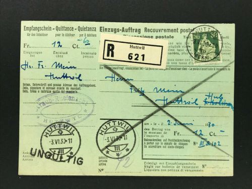 Schweiz Einzelfrankatur Einzugsauftrag Huttwill Bern 1930 - Ungültig Stempel