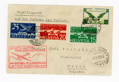 Schweiz Flugpost Segelflugpost - Zürich Milano 1933
