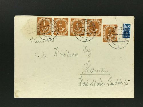 Bund Posthorn Mi.Nr. 124 Mehrfachfrankatur - waag. 4er Streifen Frankfurt 1952