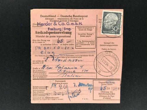 Bund Heuss Mi.Nr. 189 einzelfrankatur Auslandspostanweisung 1954 Freiburg