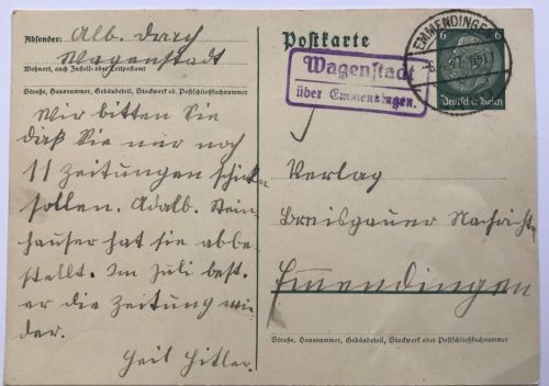 Ganzsache Hindenburg von Wagenstadt über Emmendingen 1937