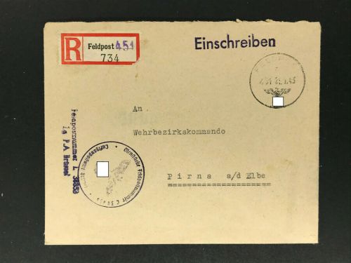 Dt. Reich Feldpost 451 Einschreiben Felpost Nr L38853 LGPA Brüssel 1943 n. Pirna