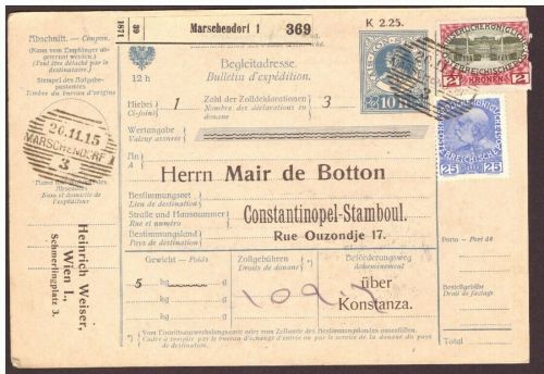 Österreich Mehrfachfrankatur Paketkarte Marschendorf - Konstantinopel 1915