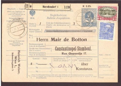 Österreich Mehrfachfrankatur Paketkarte Marschendorf - Konstantinopel 1916